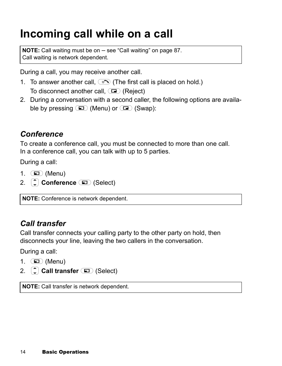 Incoming call while on a call, Conference, Call transfer | Panasonic EB-X300 User Manual | Page 17 / 125