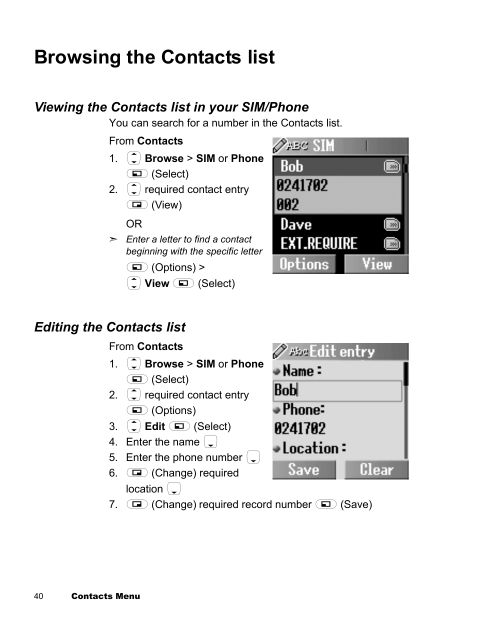 Browsing the contacts list | Panasonic EB-X300 User Manual | Page 43 / 125