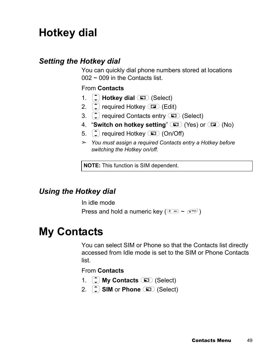 Hotkey dial my contacts, Hotkey dial, My contacts | Panasonic EB-X300 User Manual | Page 52 / 125