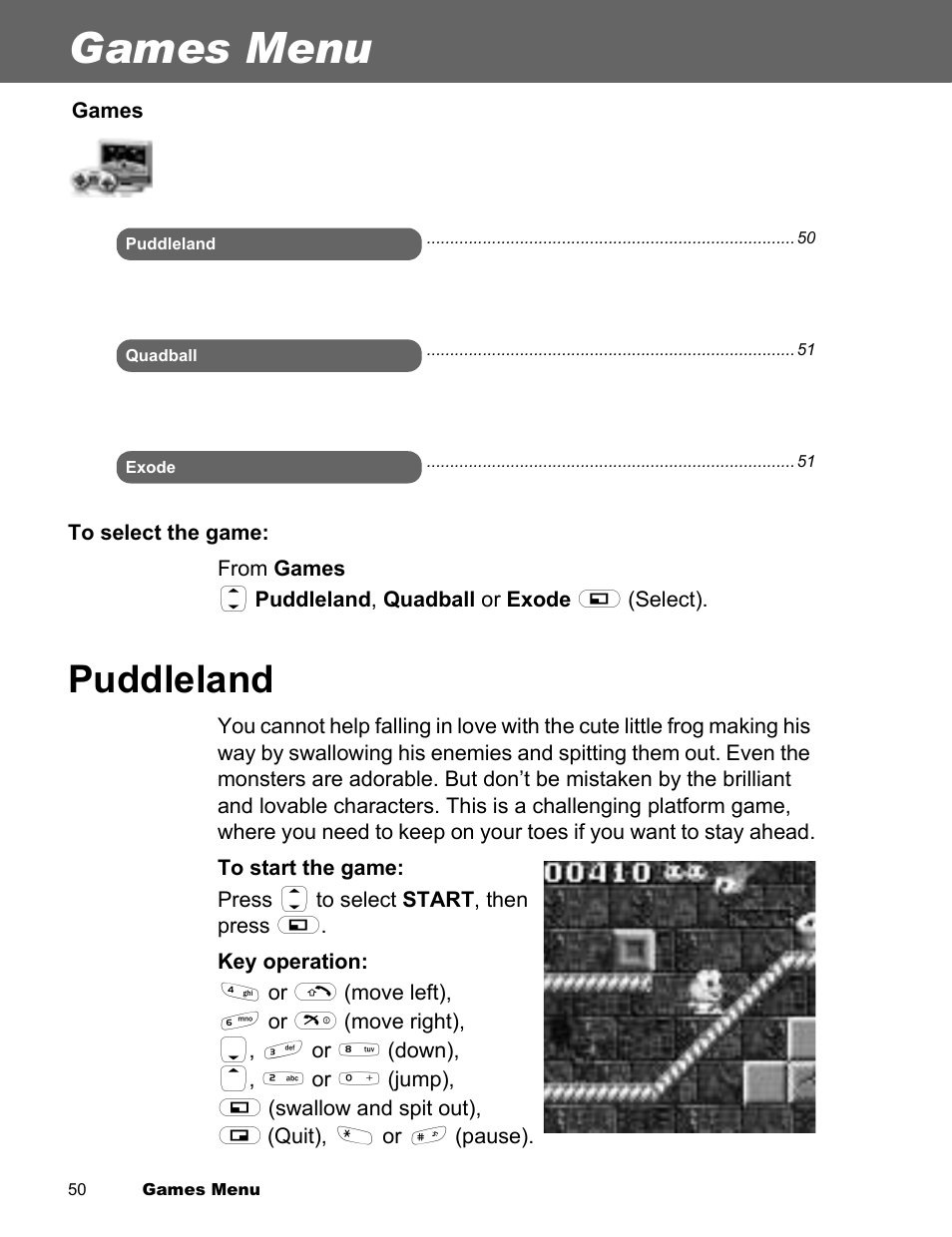 Games menu, Puddleland | Panasonic EB-X300 User Manual | Page 53 / 125