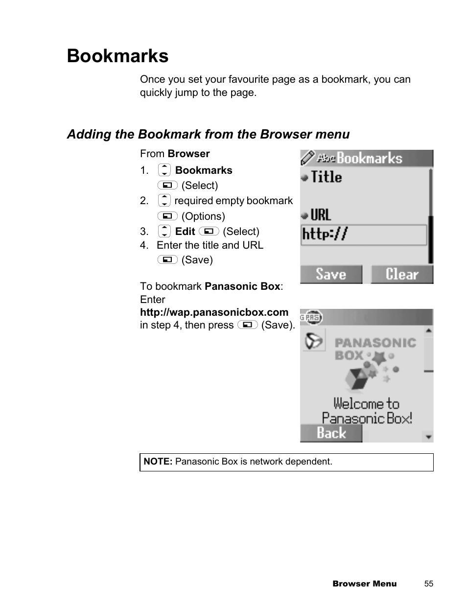 Bookmarks | Panasonic EB-X300 User Manual | Page 58 / 125