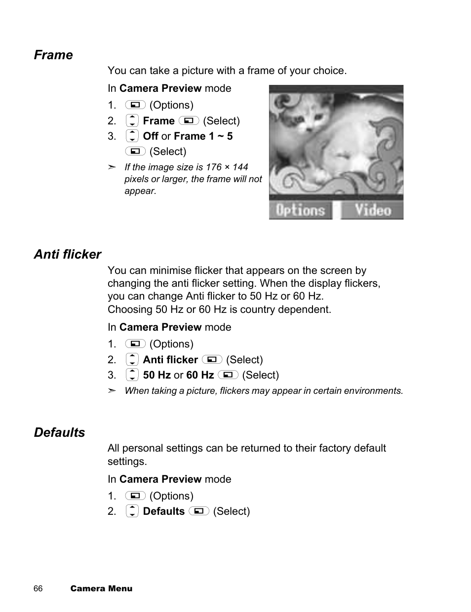 Frame, Anti flicker, Defaults | Panasonic EB-X300 User Manual | Page 69 / 125