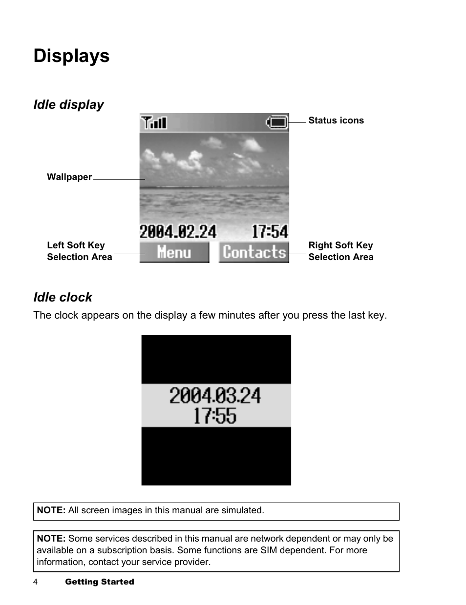 Displays, Idle display idle clock | Panasonic EB-X300 User Manual | Page 7 / 125