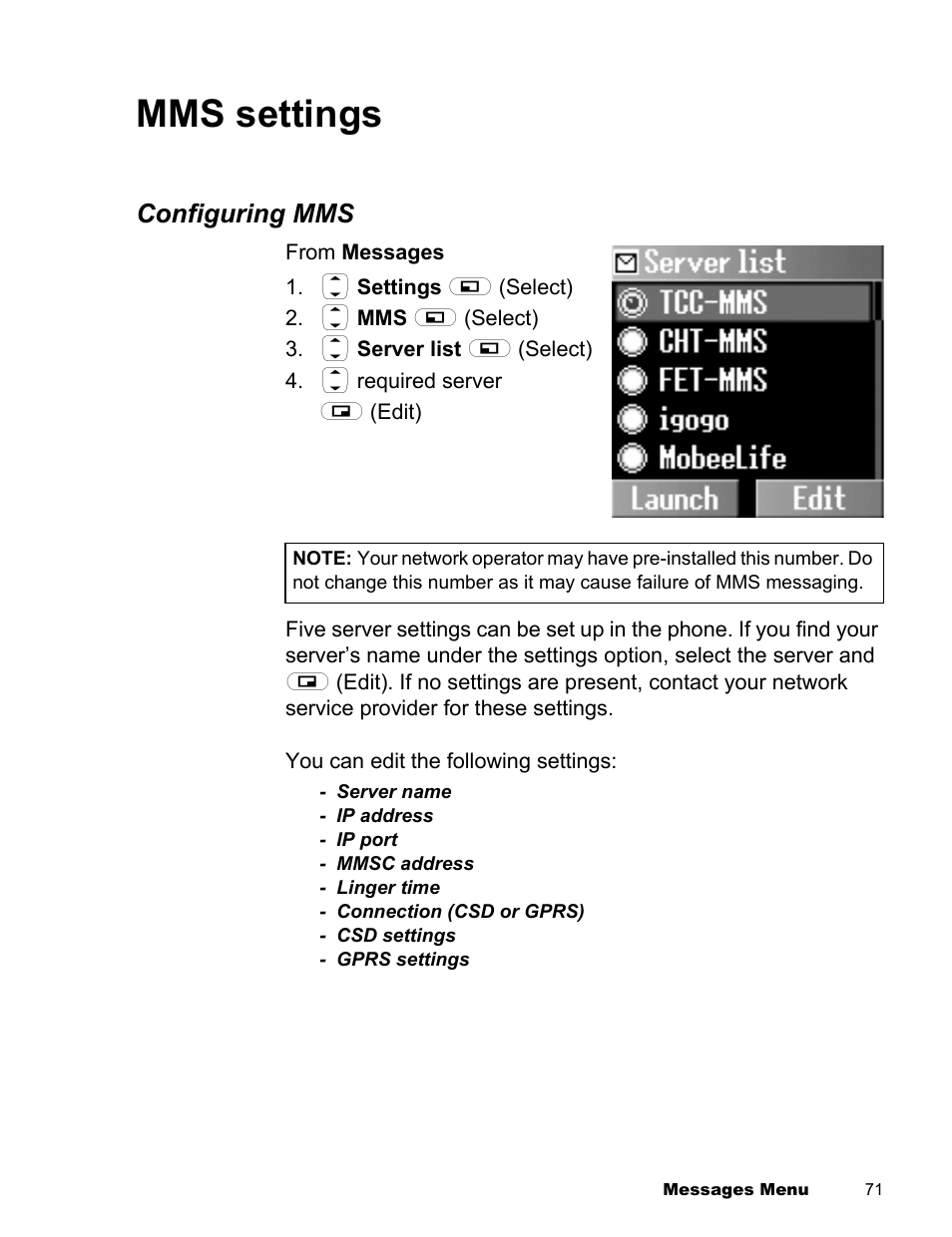 Mms settings | Panasonic EB-X300 User Manual | Page 74 / 125