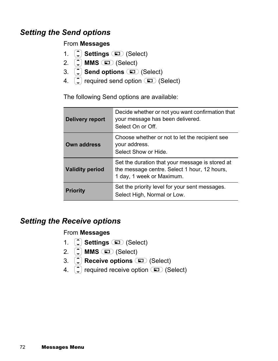 Setting the send options, Setting the receive options | Panasonic EB-X300 User Manual | Page 75 / 125