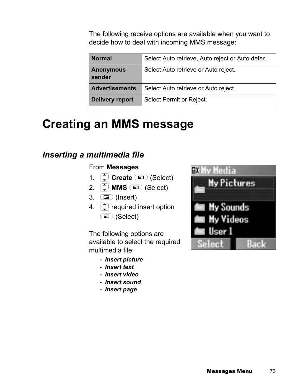 Creating an mms message, Inserting a multimedia file | Panasonic EB-X300 User Manual | Page 76 / 125