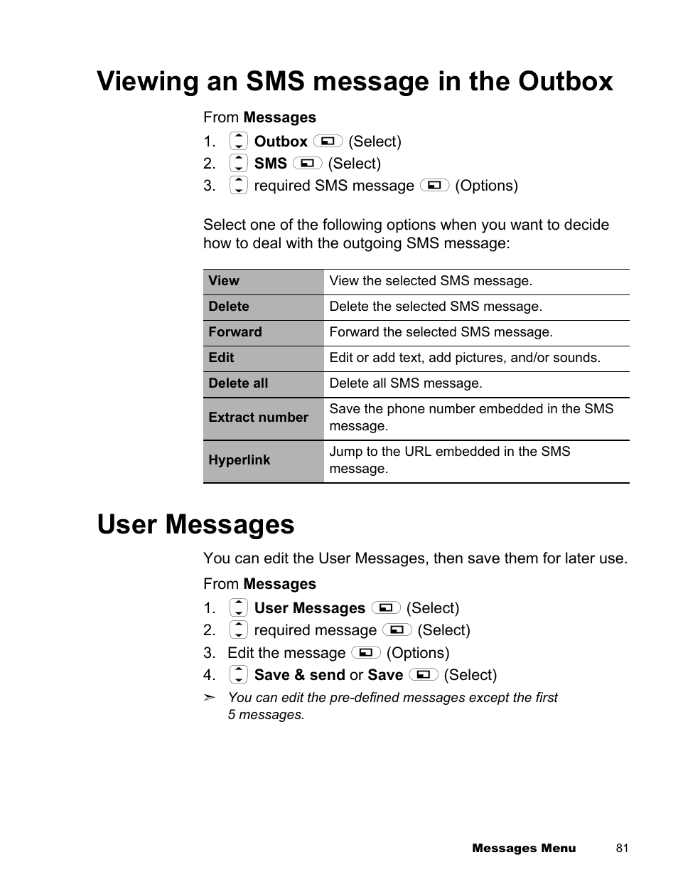 Viewing an sms message, In the outbox, User messages | Viewing an sms message in the outbox | Panasonic EB-X300 User Manual | Page 84 / 125