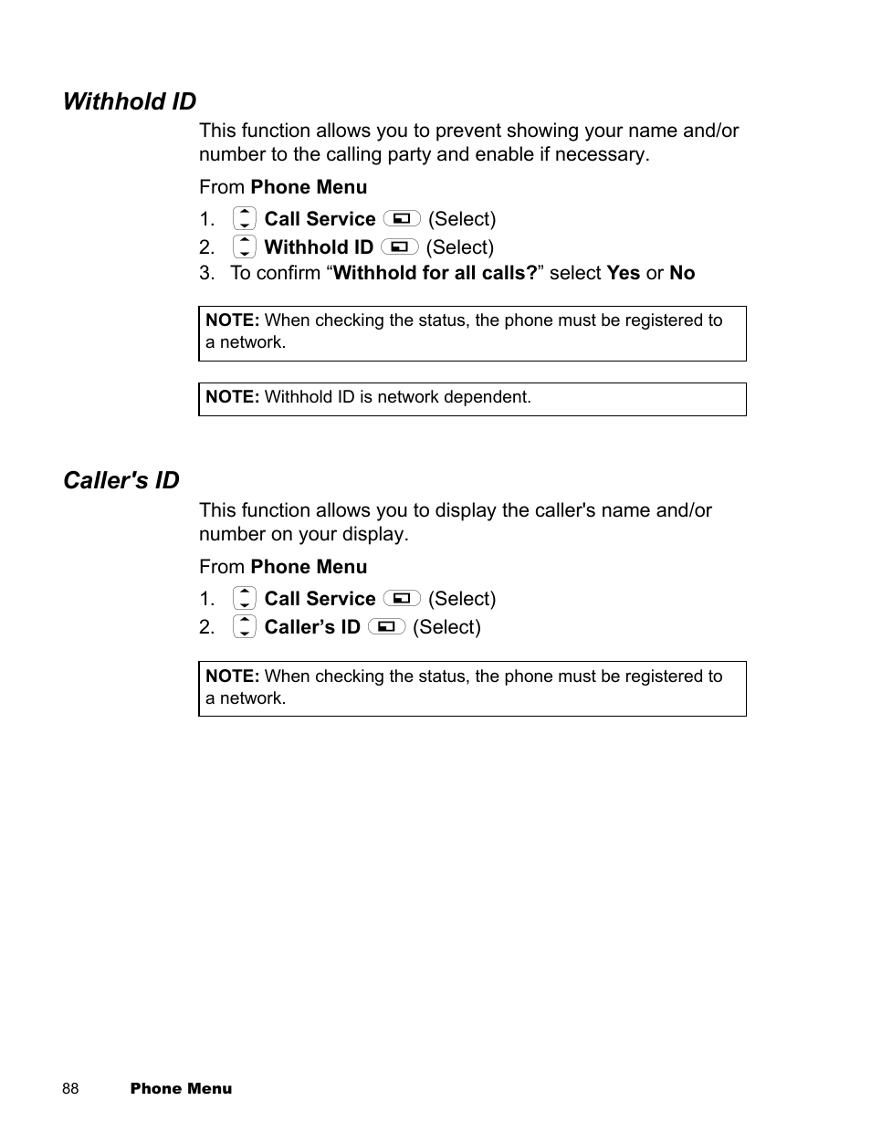Withhold id, Caller's id | Panasonic EB-X300 User Manual | Page 91 / 125