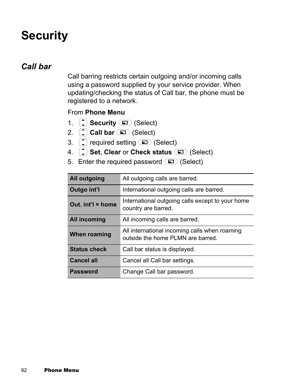 Security, Call bar | Panasonic EB-X300 User Manual | Page 95 / 125
