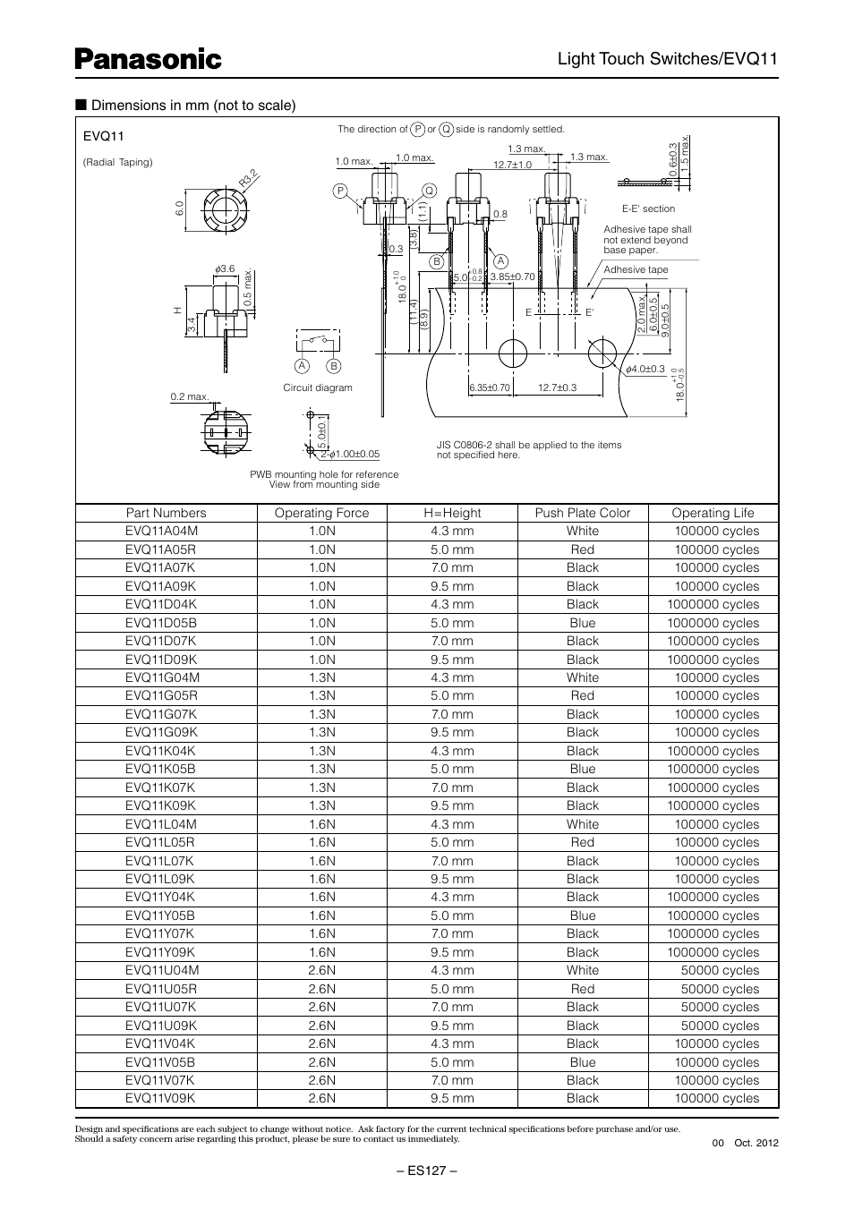 Light touch switches/evq11 | Panasonic EVQ11 User Manual | Page 2 / 2