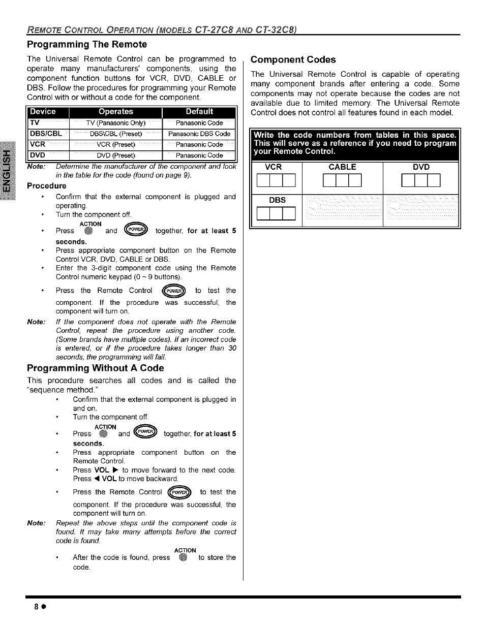 Programming the remote, Programming without a code, Component codes | Ct-27c8, Ct-32c8) programming the remote | Panasonic CT-32G8 User Manual | Page 10 / 45