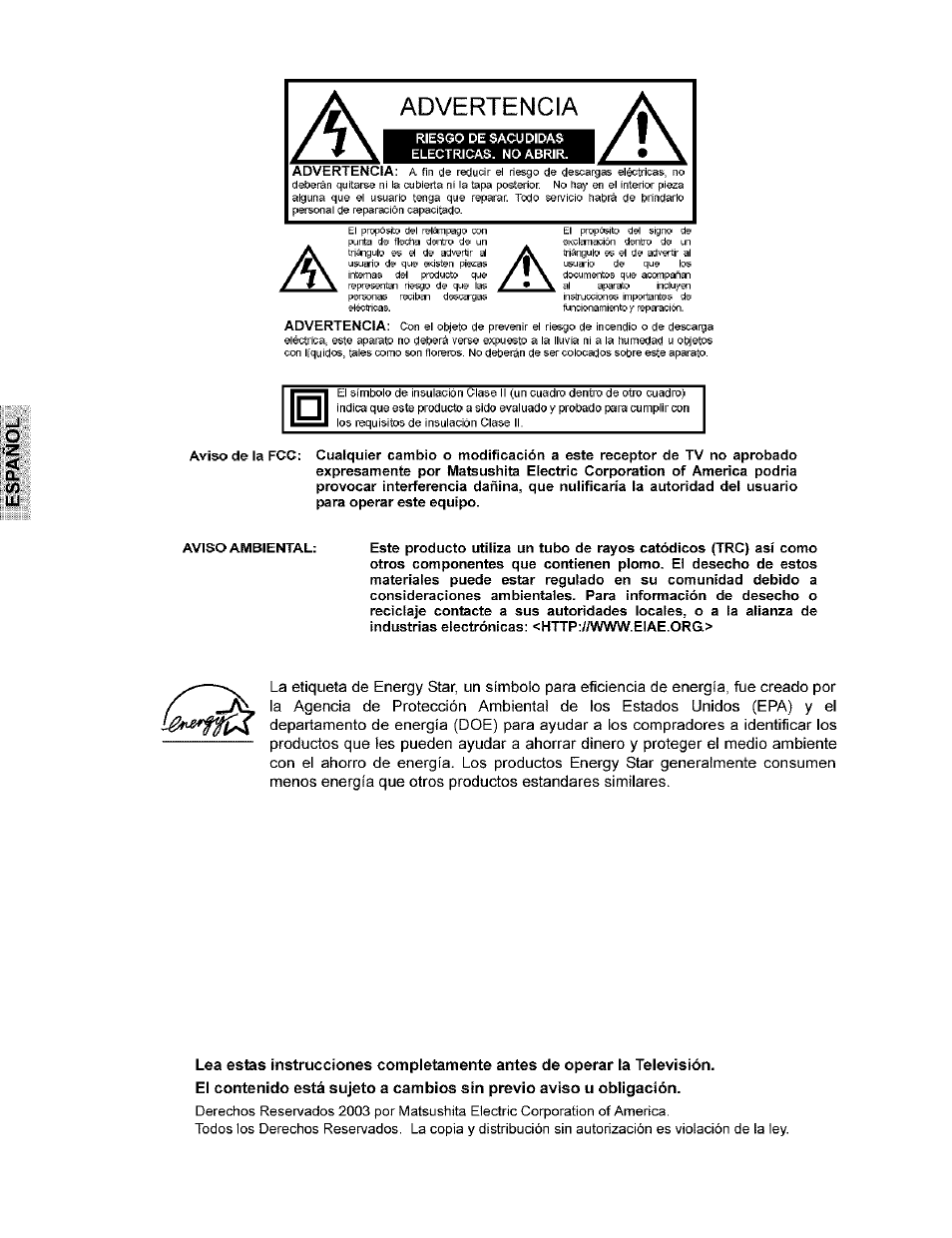 Advertencia | Panasonic CT-32G8 User Manual | Page 20 / 45