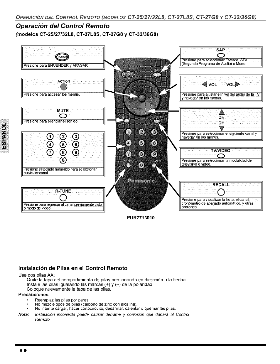 Operación del control remoto, Instalación de pilas en el control remoto | Panasonic CT-32G8 User Manual | Page 26 / 45