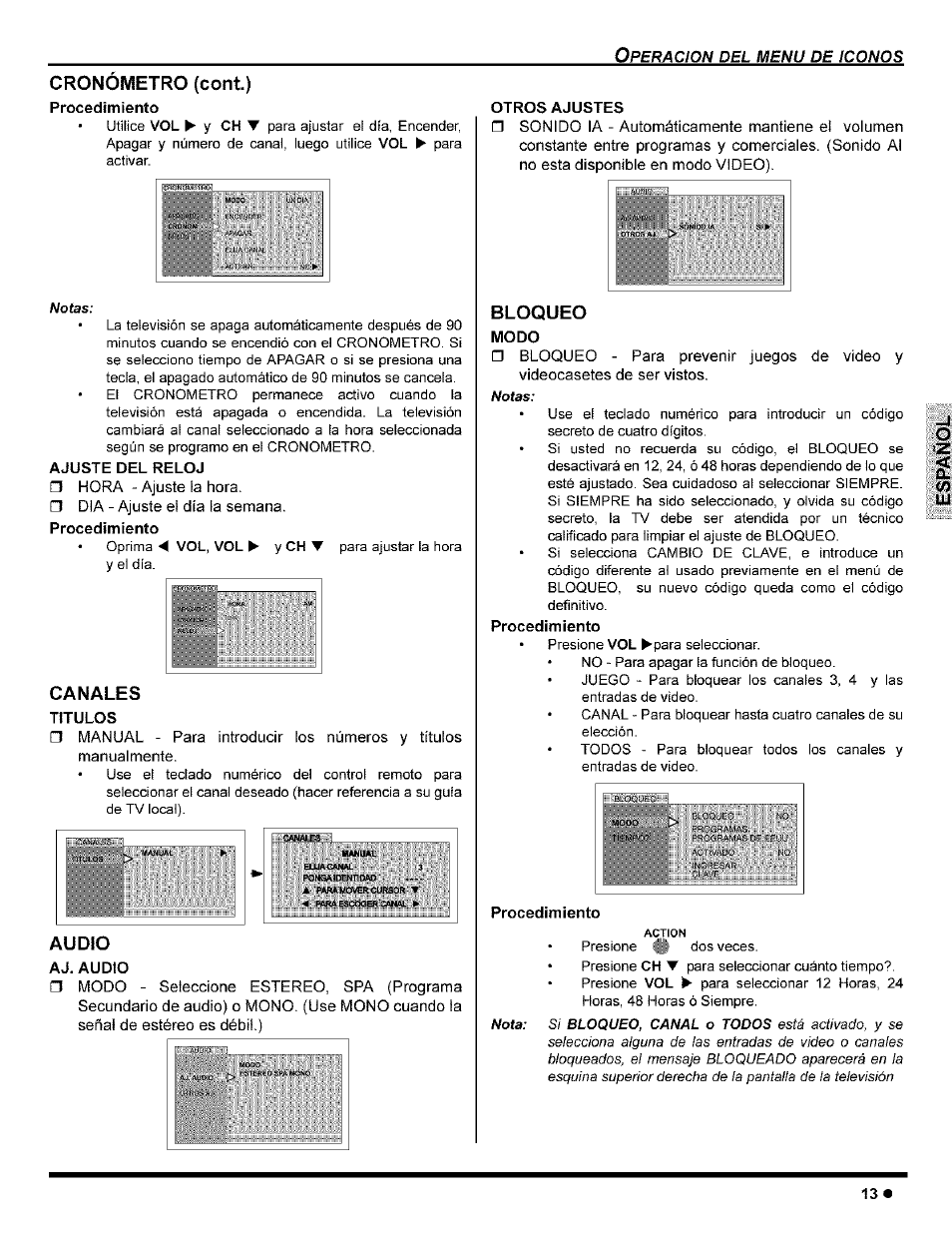 Cronometro (cont.), Procedimiento, Ajuste del reloj | Canales, Titulos, Audio, Aj. audio, Otros ajustes, Bloqueo, Modo | Panasonic CT-32G8 User Manual | Page 33 / 45