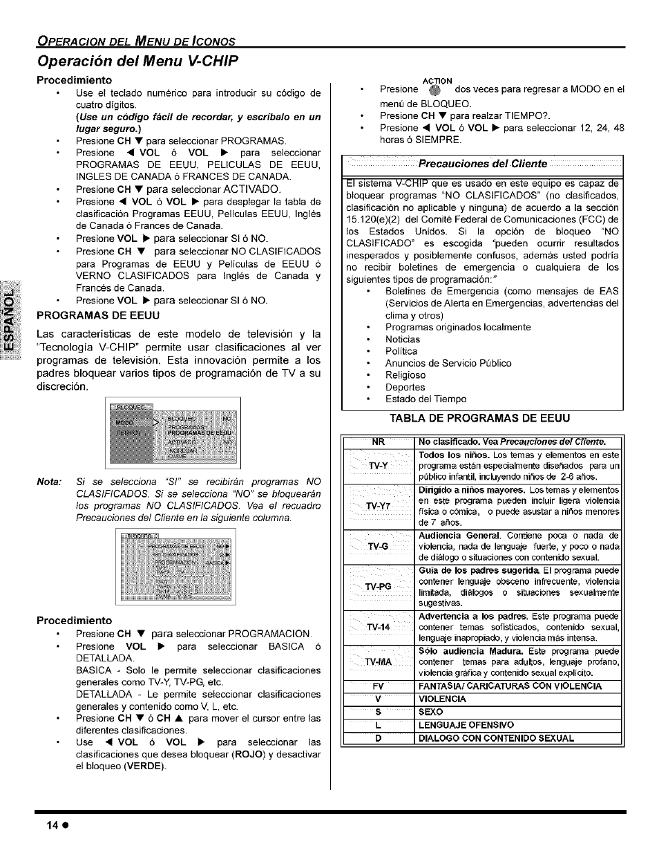 Operación del menu v-chip, Procedimiento, Tabla de programas de eeuu | Panasonic CT-32G8 User Manual | Page 34 / 45