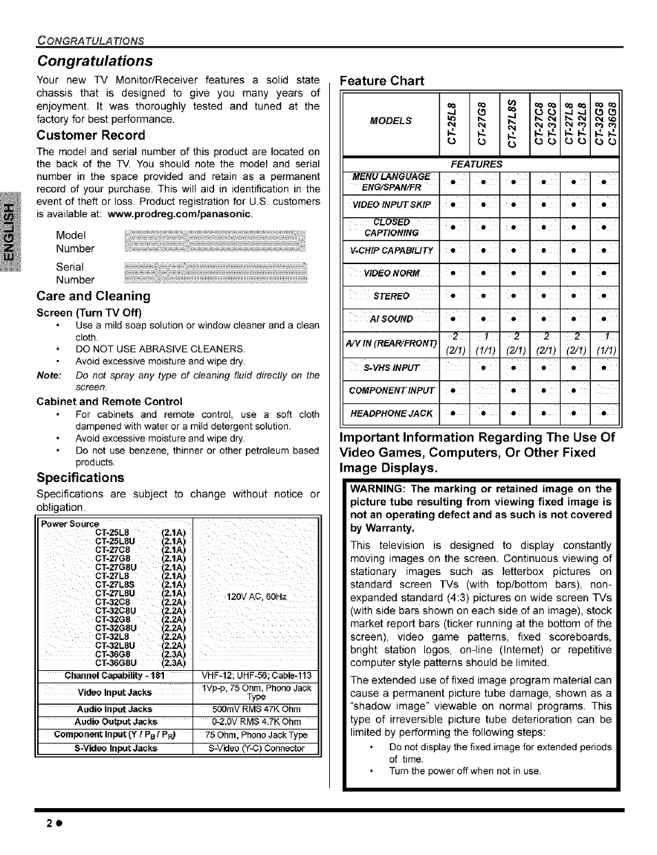 Congra tula tions, Customer record, Care and cleaning | Specifications, Feature chart, Congratulations, Care and cleaning specifications | Panasonic CT-32G8 User Manual | Page 4 / 45