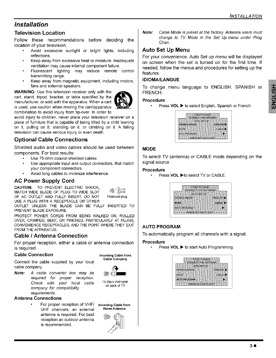Installation, Television location, Optional cable connections | Ac power supply cord, Cable / antenna connection, Auto set up menu, Idioma/langue, Procedure, Mode, Auto program | Panasonic CT-32G8 User Manual | Page 5 / 45