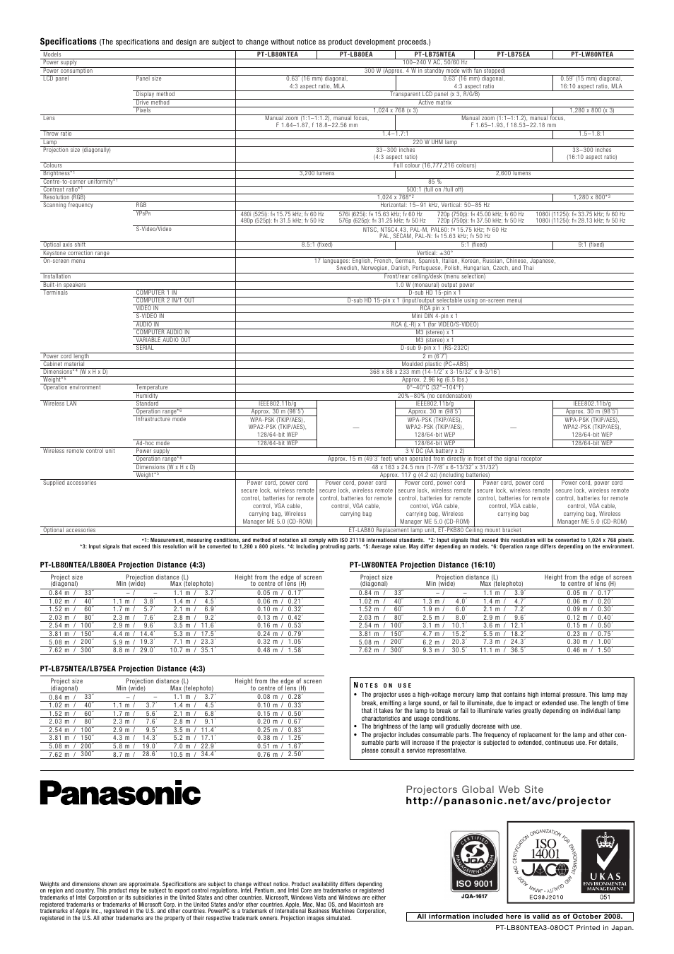 Specifications | Panasonic PT-LB75NTEA User Manual | Page 6 / 6