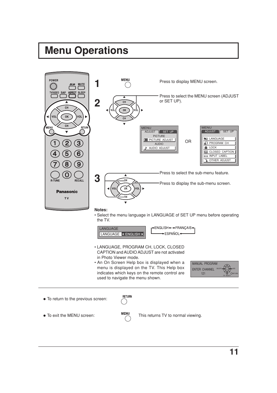 Menu operations, Menu operations 1 2 3 | Panasonic TC 20LB30 User Manual | Page 11 / 36