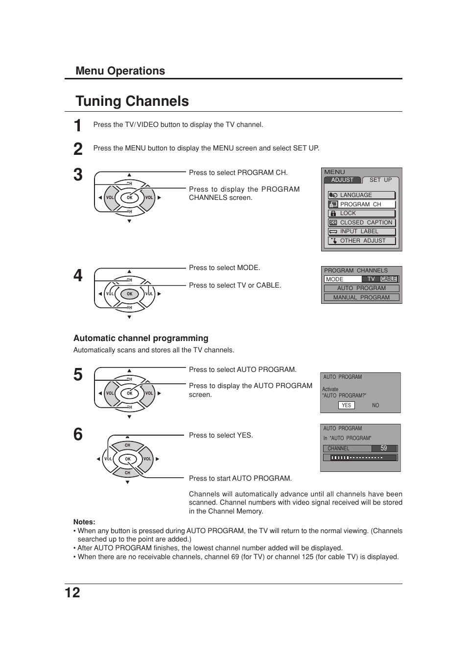 Tuning channels, 12 tuning channels, Menu operations | Panasonic TC 20LB30 User Manual | Page 12 / 36