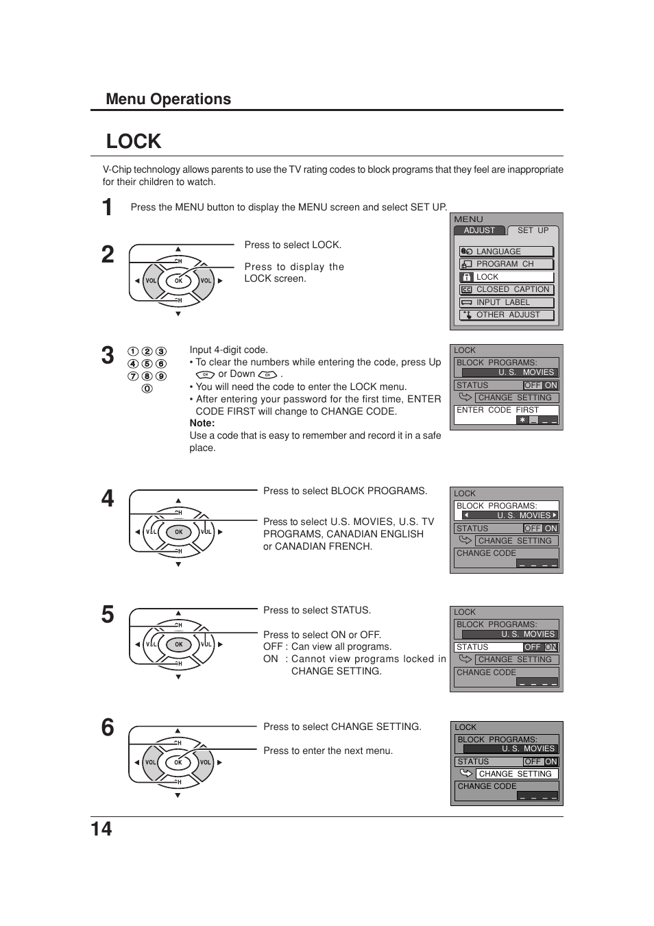 Lock, Menu operations | Panasonic TC 20LB30 User Manual | Page 14 / 36