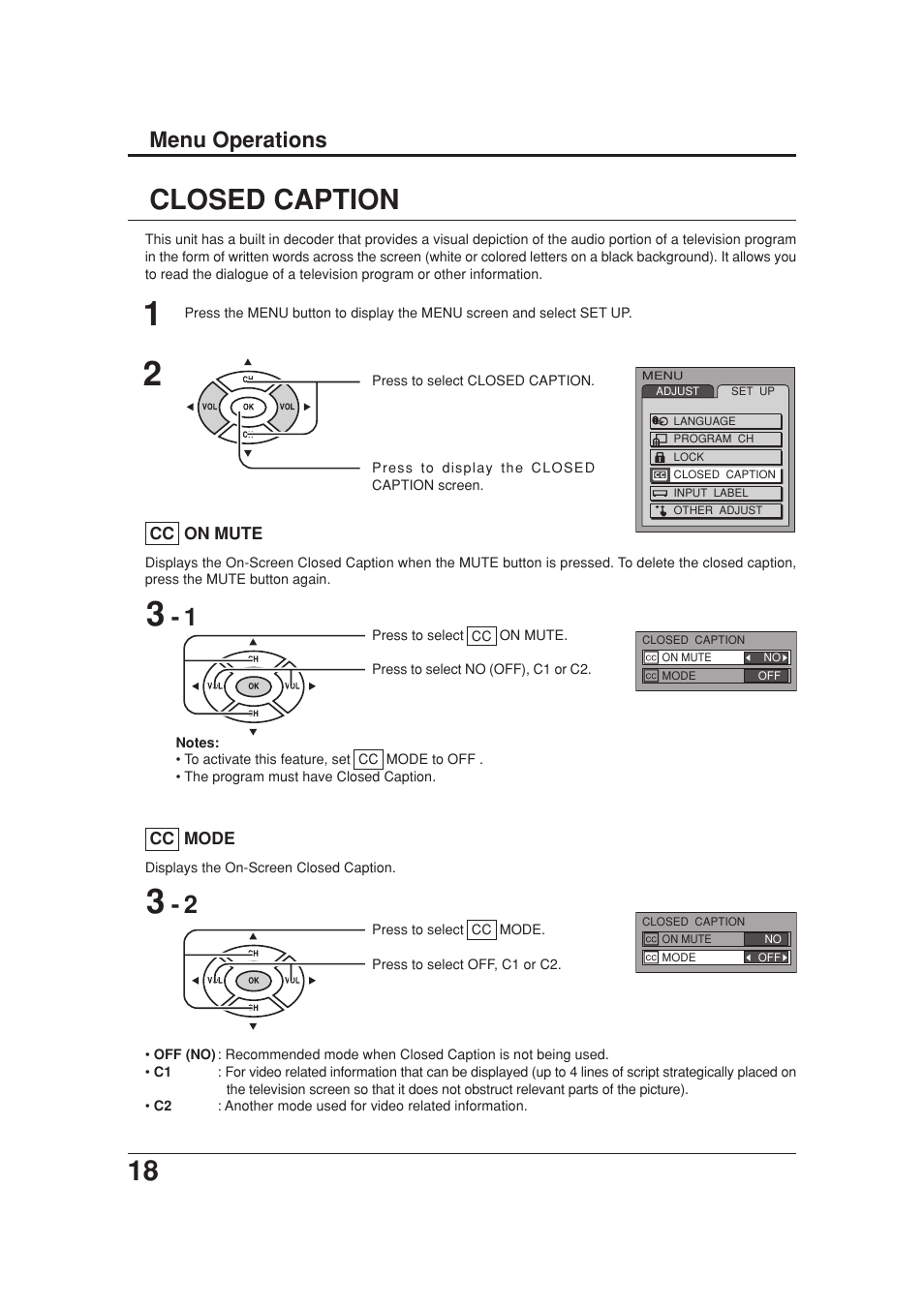 Closed caption, Menu operations | Panasonic TC 20LB30 User Manual | Page 18 / 36