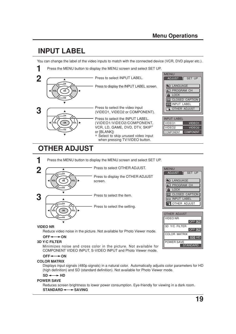 Input label, Other adjust, Menu operations | Panasonic TC 20LB30 User Manual | Page 19 / 36