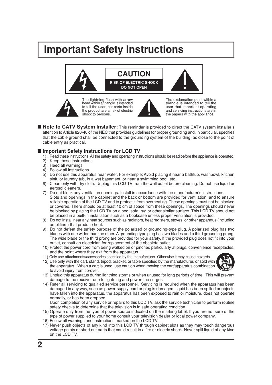 Important safeyt instructions, Important safety instructions, Caution | Panasonic TC 20LB30 User Manual | Page 2 / 36