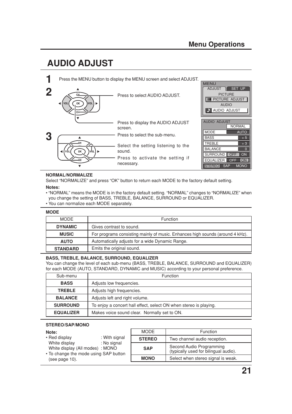 Audio adjust, 21 audio adjust, Menu operations | Panasonic TC 20LB30 User Manual | Page 21 / 36
