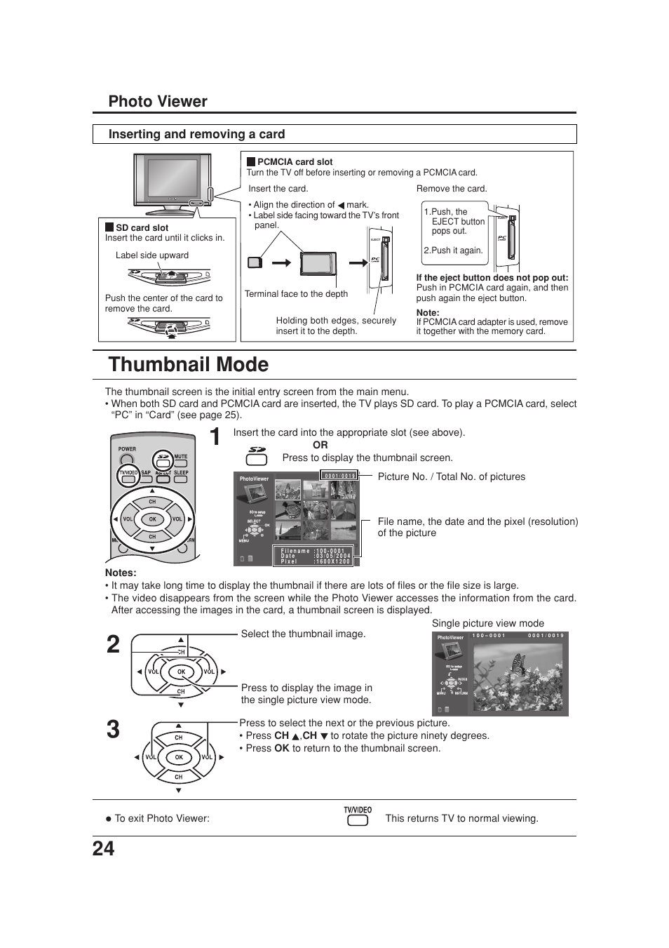 Thumbnail mode, Photo viewer, Inserting and removing a card | Panasonic TC 20LB30 User Manual | Page 24 / 36