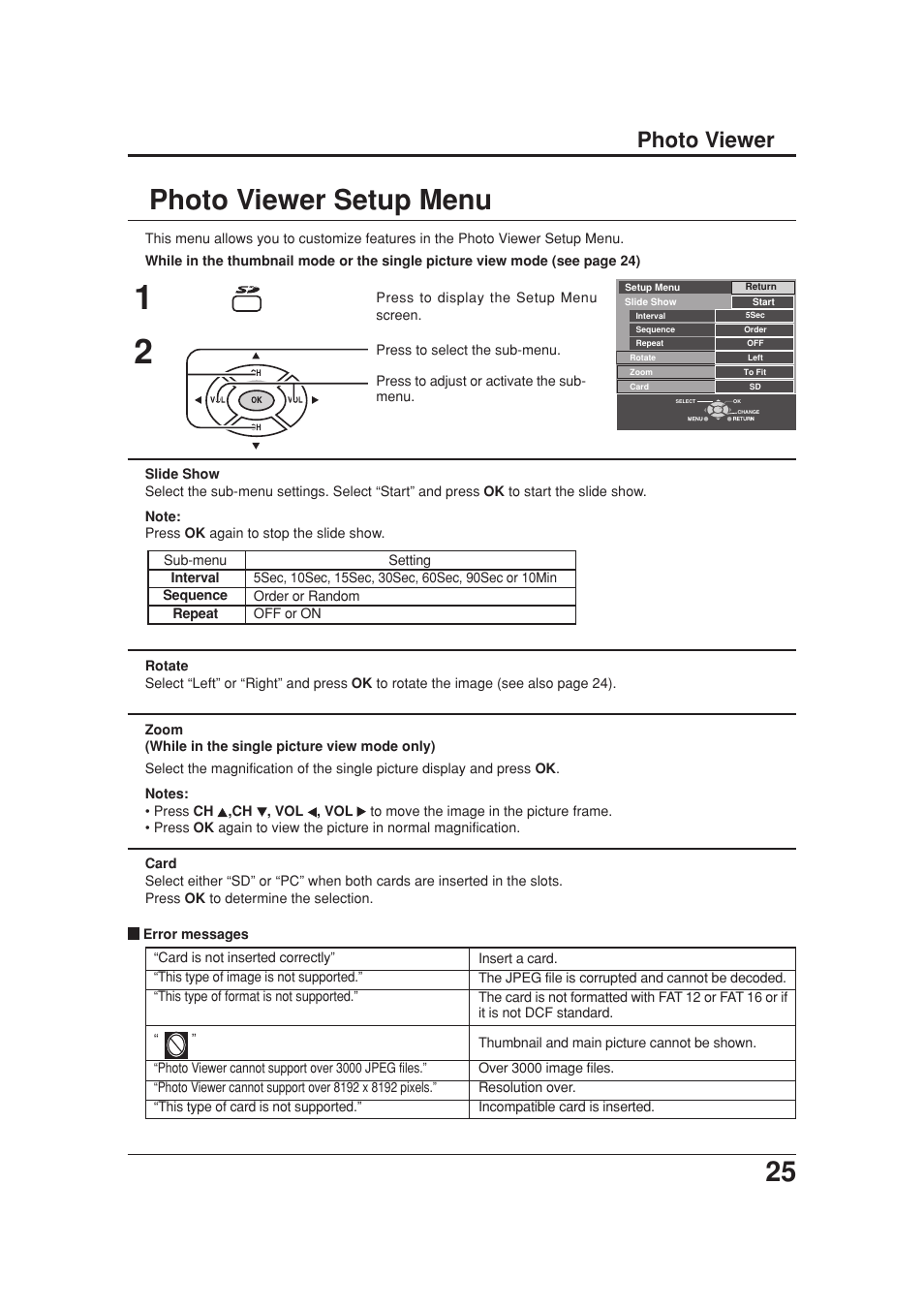 Photo viewer setup menu, Photo viewer | Panasonic TC 20LB30 User Manual | Page 25 / 36