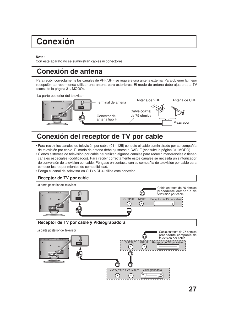 Conexion, Conexion de antena, Conexion del receptor de tv por cable | Conexión | Panasonic TC 20LB30 User Manual | Page 27 / 36