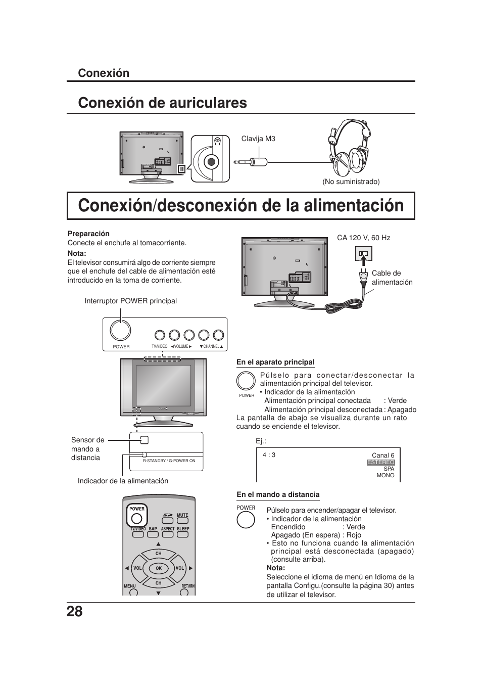 Conexion de auriculares, Conexion / desconexion de al alimentacion, Conexión/desconexión de la alimentación | Conexión de auriculares, Conexión | Panasonic TC 20LB30 User Manual | Page 28 / 36