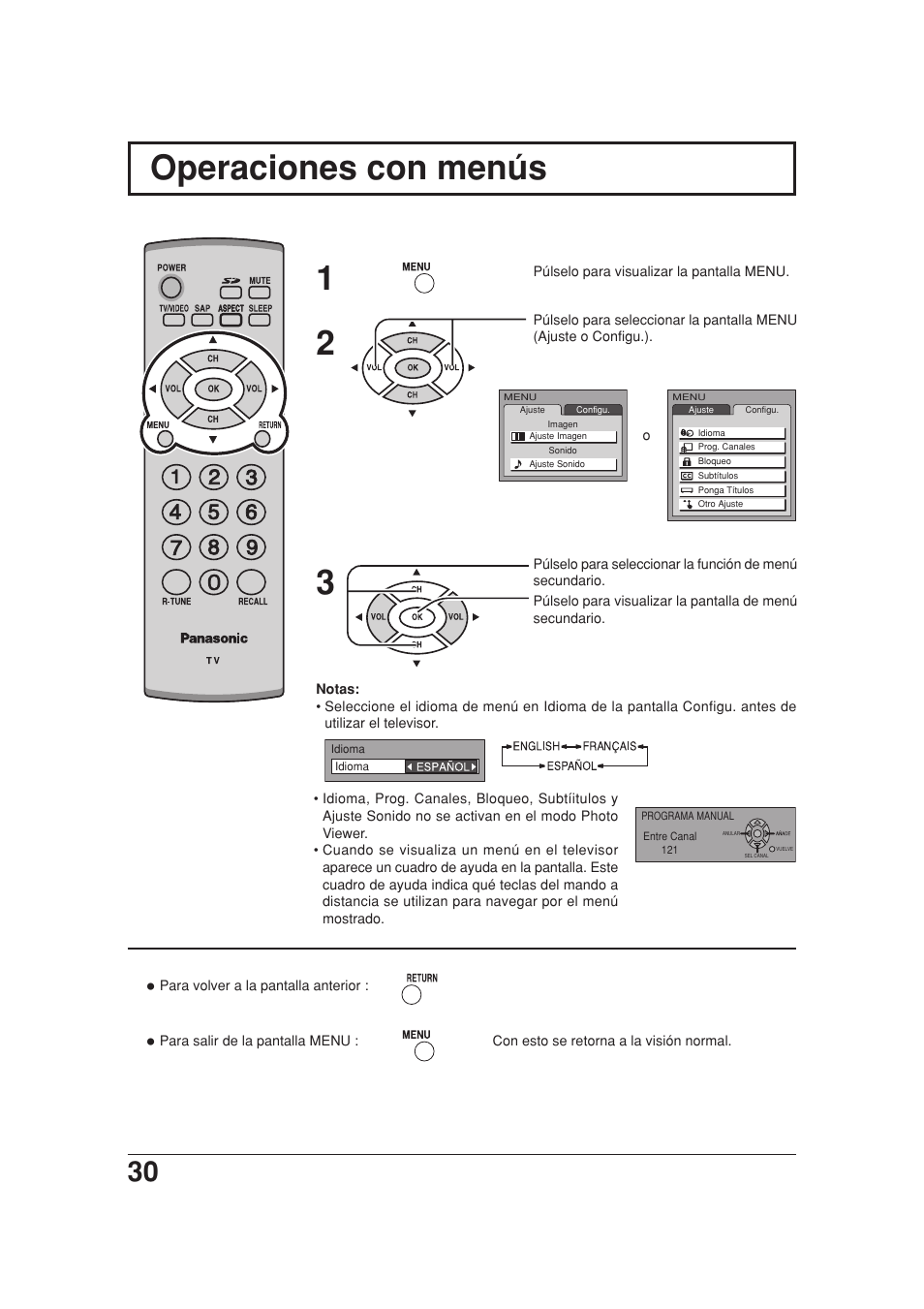 Operaciones con menus, Operaciones con menús 1 2 3 | Panasonic TC 20LB30 User Manual | Page 30 / 36