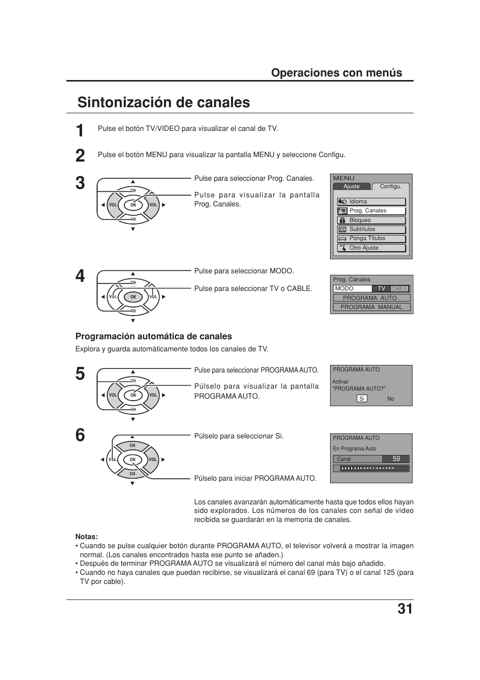 Sintonizacion de canales, 31 sintonización de canales, Operaciones con menús | Panasonic TC 20LB30 User Manual | Page 31 / 36