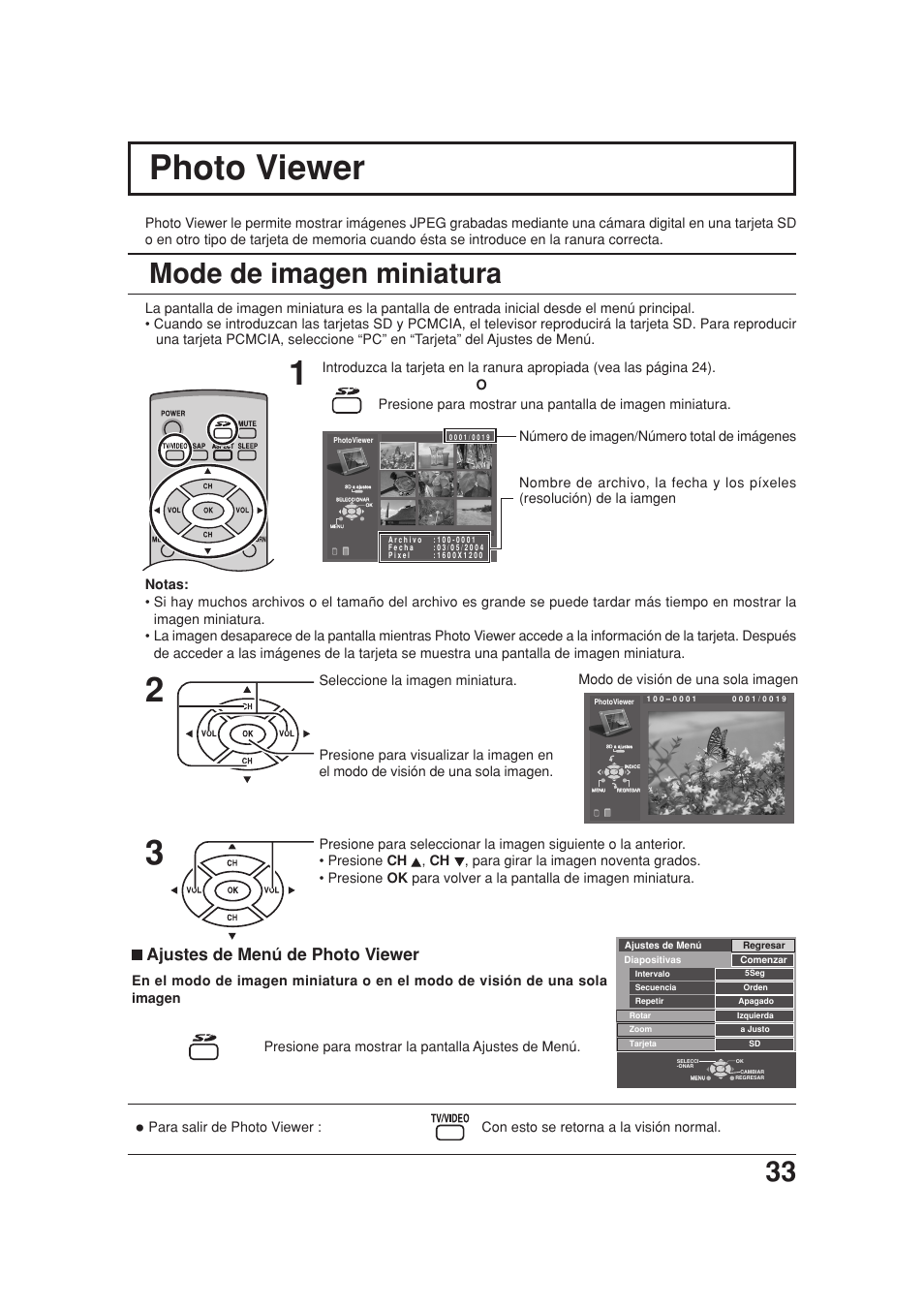 Photo viewer, Mode de imagen miniature, Mode de imagen miniatura | Ajustes de menú de photo viewer | Panasonic TC 20LB30 User Manual | Page 33 / 36