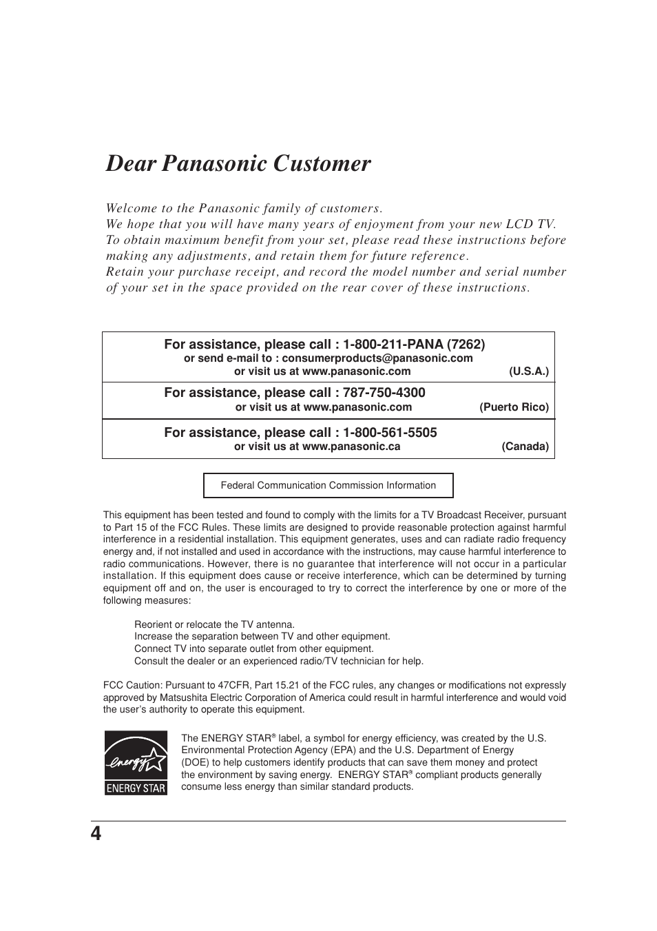 Dear panasonic customer | Panasonic TC 20LB30 User Manual | Page 4 / 36