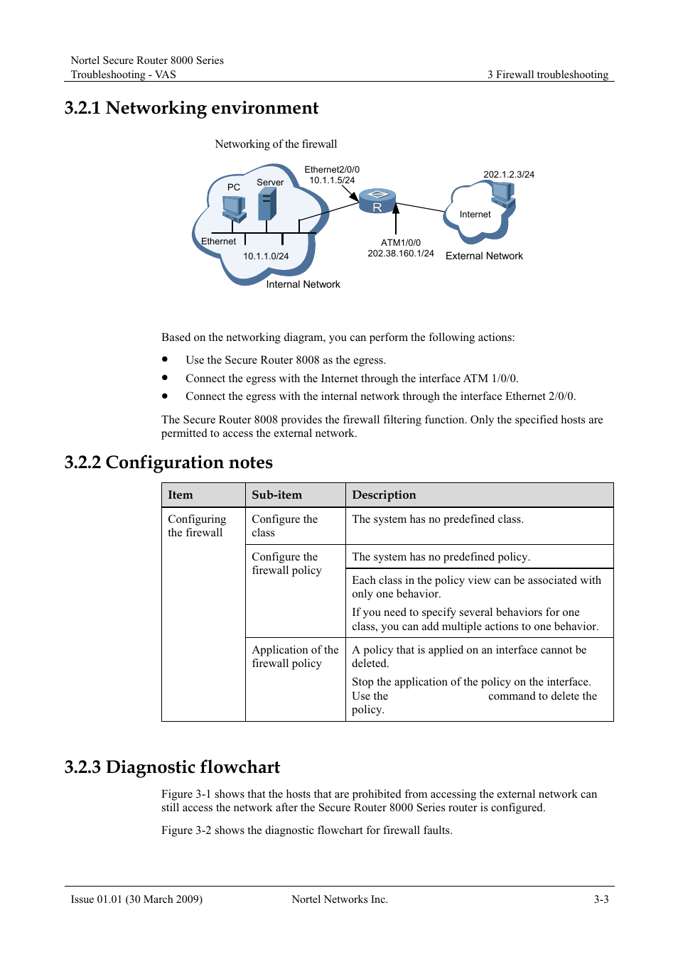 1 networking environment, 2 configuration notes, 3 diagnostic flowchart | 1 networking environment -3, 2 configuration notes -3, 3 diagnostic flowchart -3, Figure 3-1, Networking of the firewall, Networking environment, Configuration notes | Panasonic 8000 User Manual | Page 117 / 156