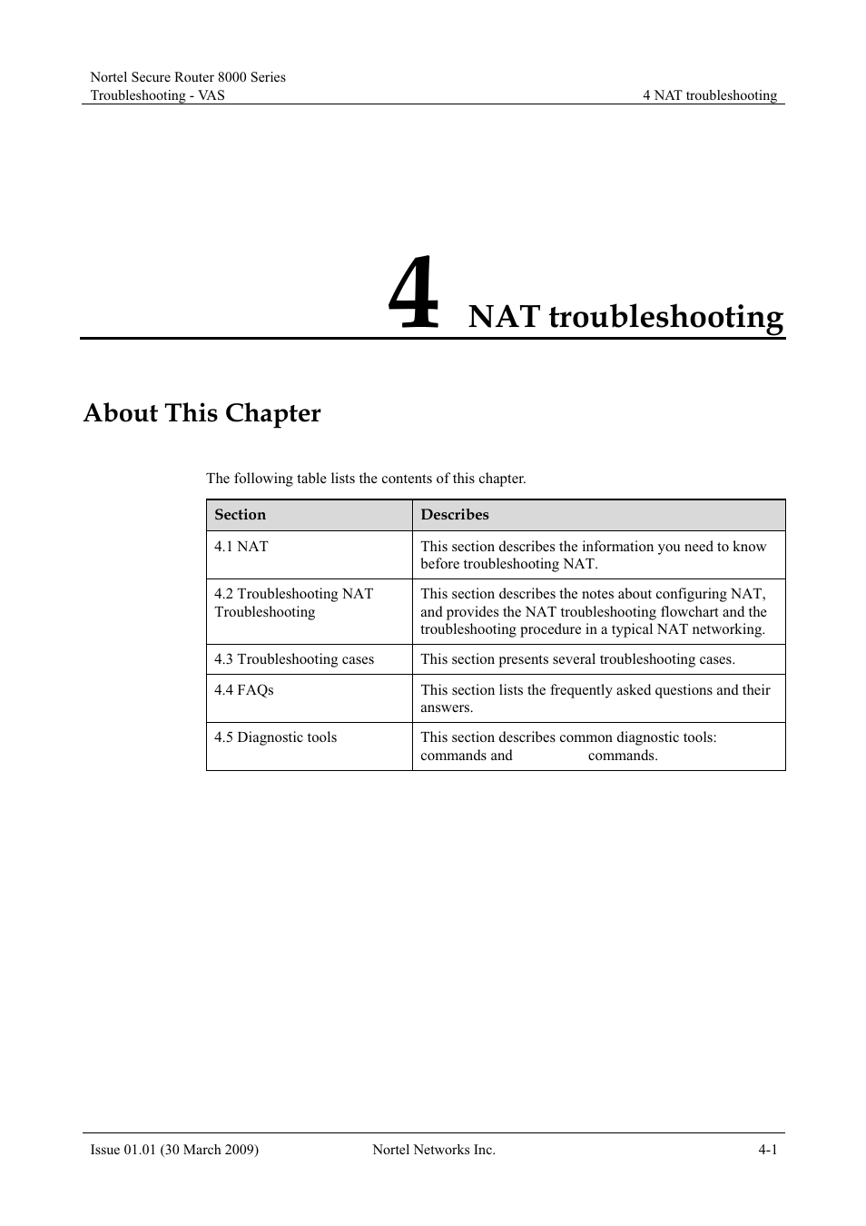 Nat troubleshooting, About this chapter, 4 nat troubleshooting -1 | Panasonic 8000 User Manual | Page 131 / 156