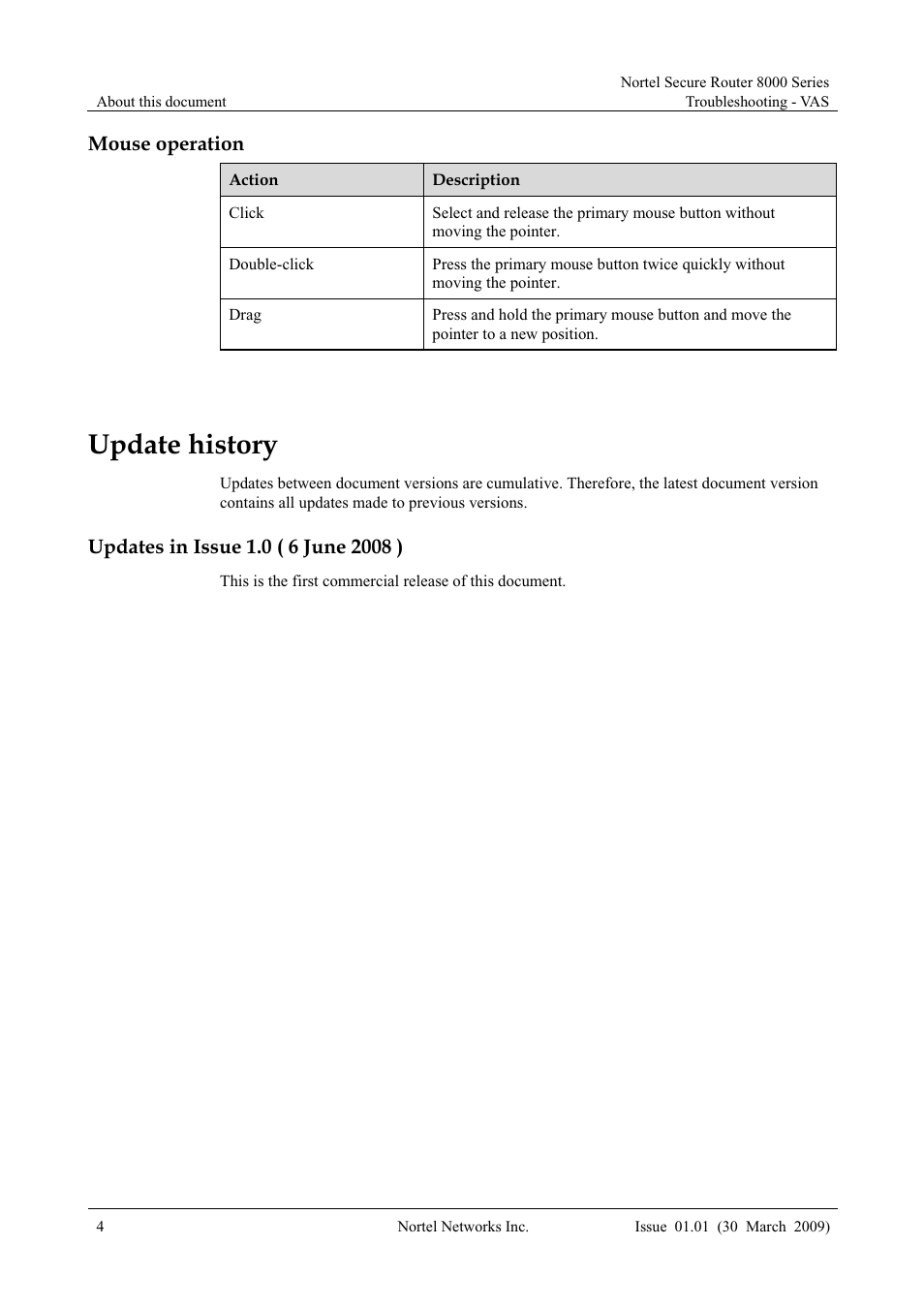 Mouse operation, Update history, Updates in issue 1.0 ( 6 june 2008 ) | Panasonic 8000 User Manual | Page 14 / 156