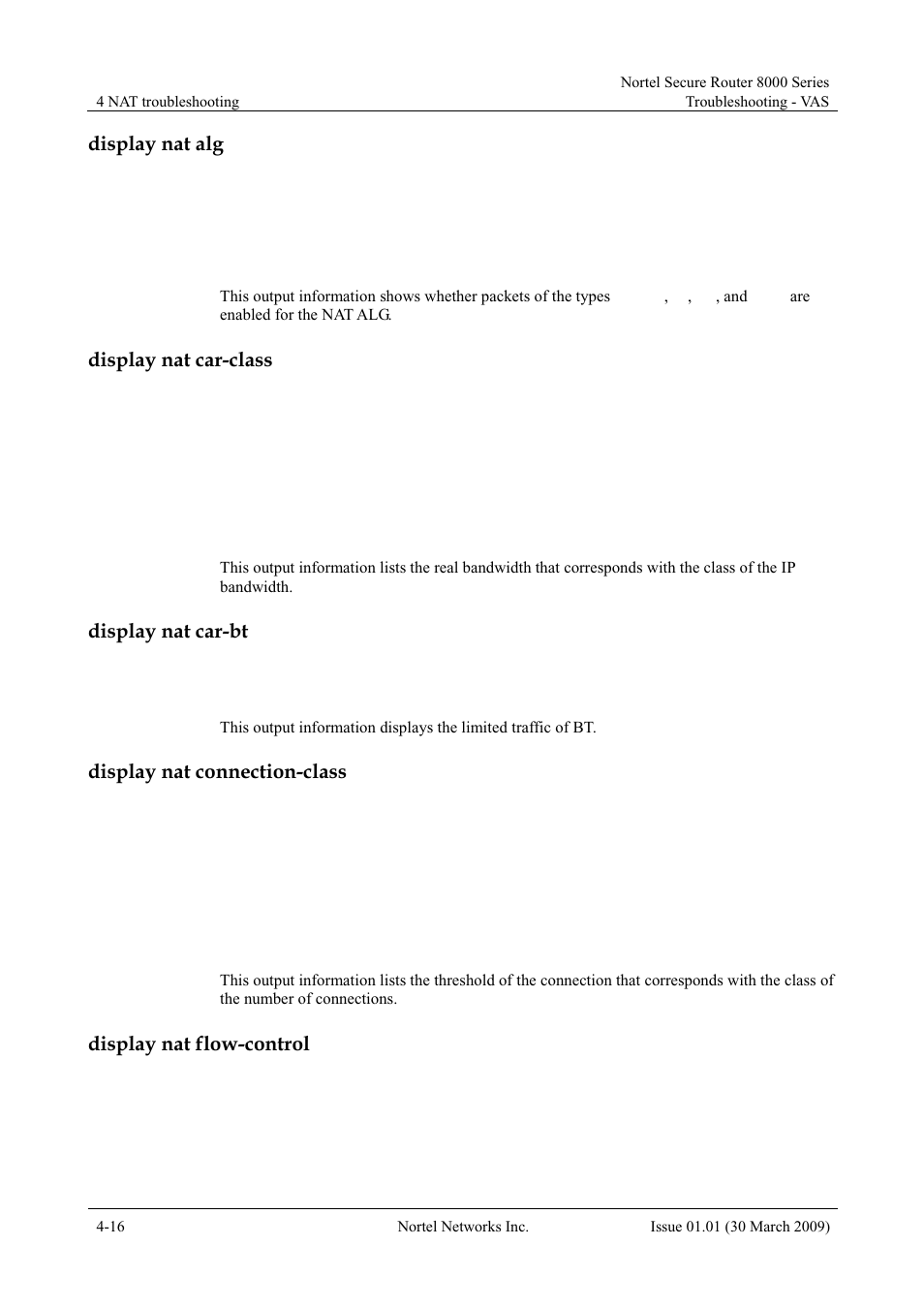 Display nat alg, Display nat car-class, Display nat car-bt | Display nat connection-class, Display nat flow-control | Panasonic 8000 User Manual | Page 146 / 156