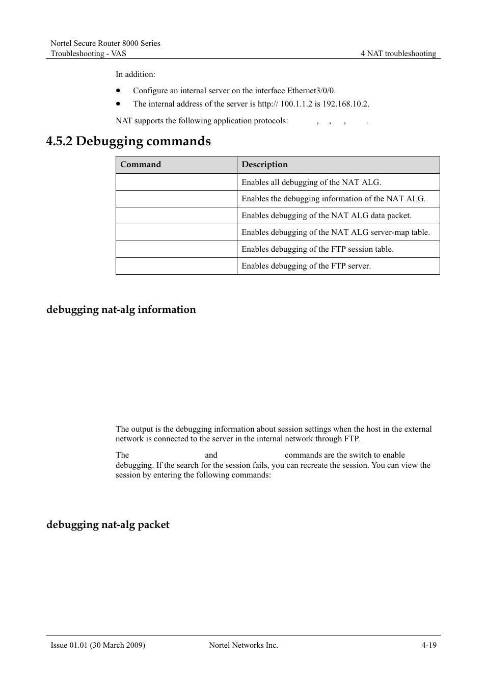 2 debugging commands, Debugging nat-alg information, Debugging nat-alg packet | 2 debugging commands -19 | Panasonic 8000 User Manual | Page 149 / 156