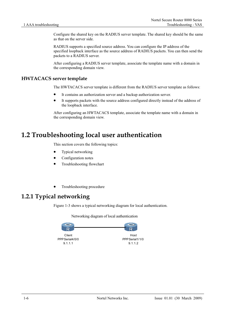 Hwtacacs server template, 2 troubleshooting local user authentication, 1 typical networking | 2 troubleshooting local user authentication -6, 1 typical networking -6, 2 troubleshooting local user, Authentication | Panasonic 8000 User Manual | Page 24 / 156