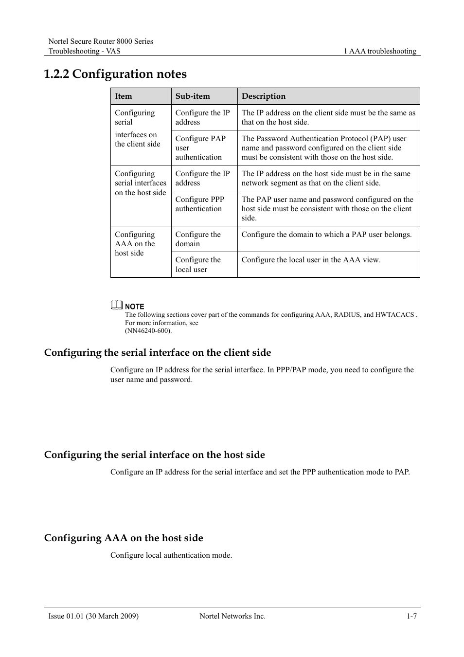 2 configuration notes, Configuring the serial interface on the host side, Configuring aaa on the host side | 2 configuration notes -7, Configuration notes | Panasonic 8000 User Manual | Page 25 / 156