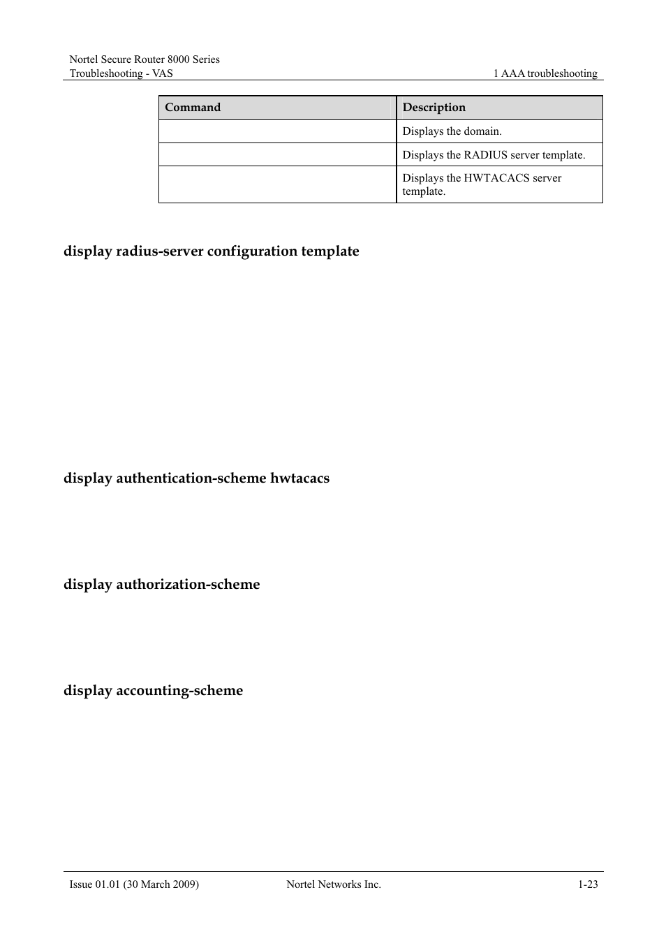 Display radius-server configuration template, Display authentication-scheme hwtacacs, Display authorization-scheme | Display accounting-scheme | Panasonic 8000 User Manual | Page 41 / 156