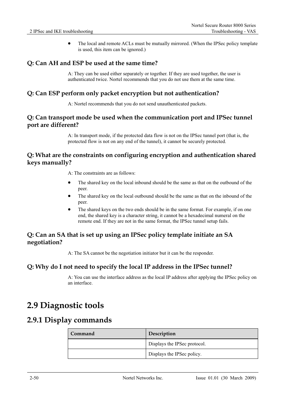 Q: can ah and esp be used at the same time, 9 diagnostic tools, 1 display commands | 9 diagnostic tools -50, 1 display commands -50 | Panasonic 8000 User Manual | Page 97 / 156