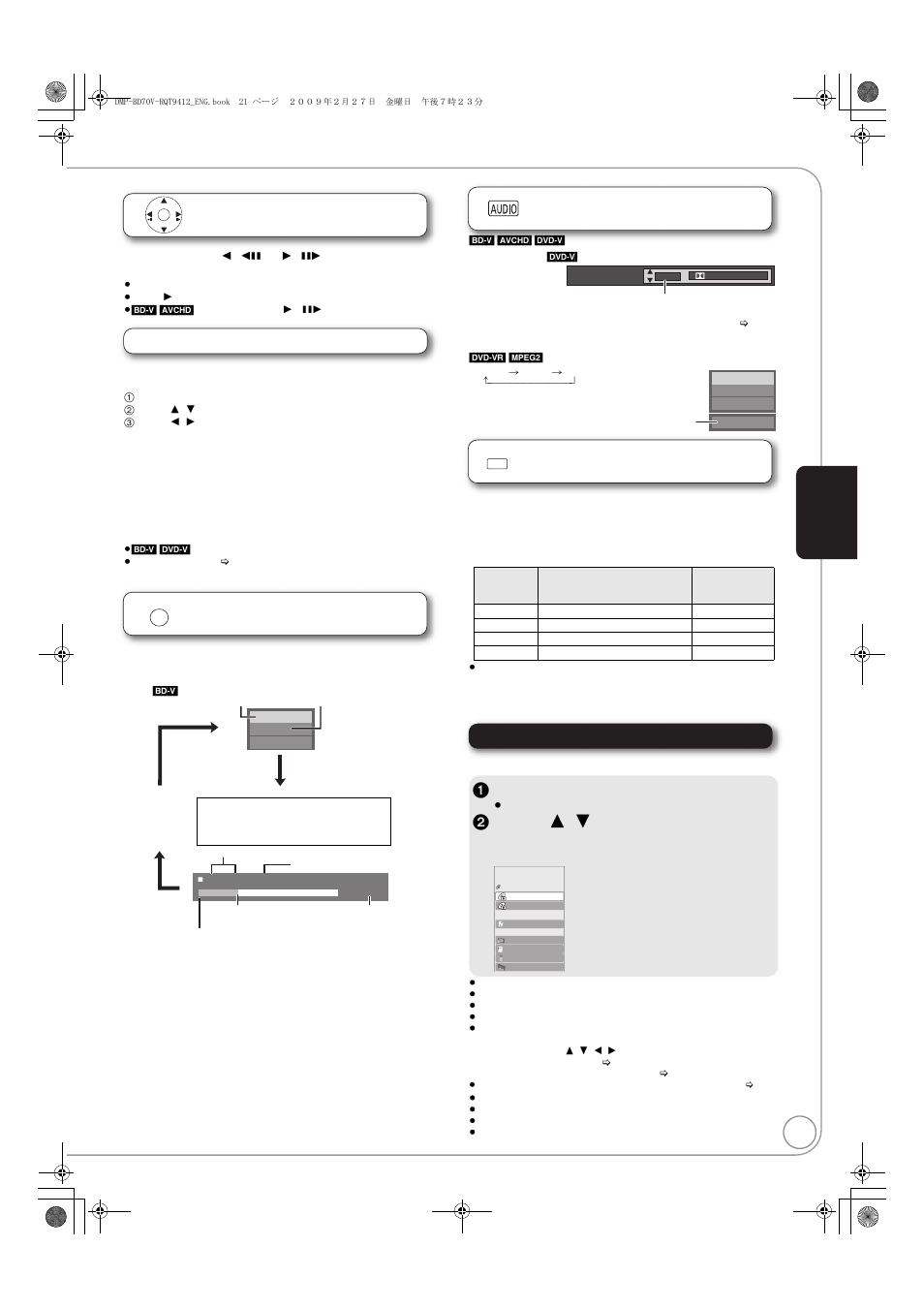 Showing functions menu, 1 press [functions, 2 press [ 3 , 4 ] to select the item and press [ok | Frame-by-frame, Screen aspect, Status messages, Changing audio during play, Reproducing more natural audio | Panasonic DMP-BD70V User Manual | Page 21 / 52