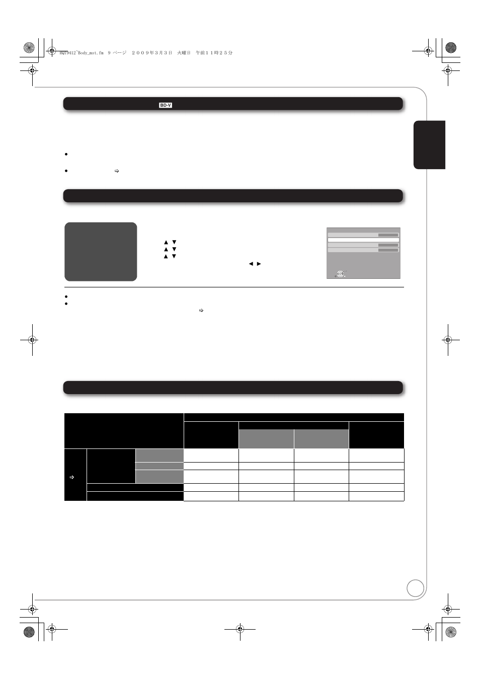 9regarding 24p output, Necessary settings for audio output, Audio output setting for the various equipment | Panasonic DMP-BD70V User Manual | Page 9 / 52