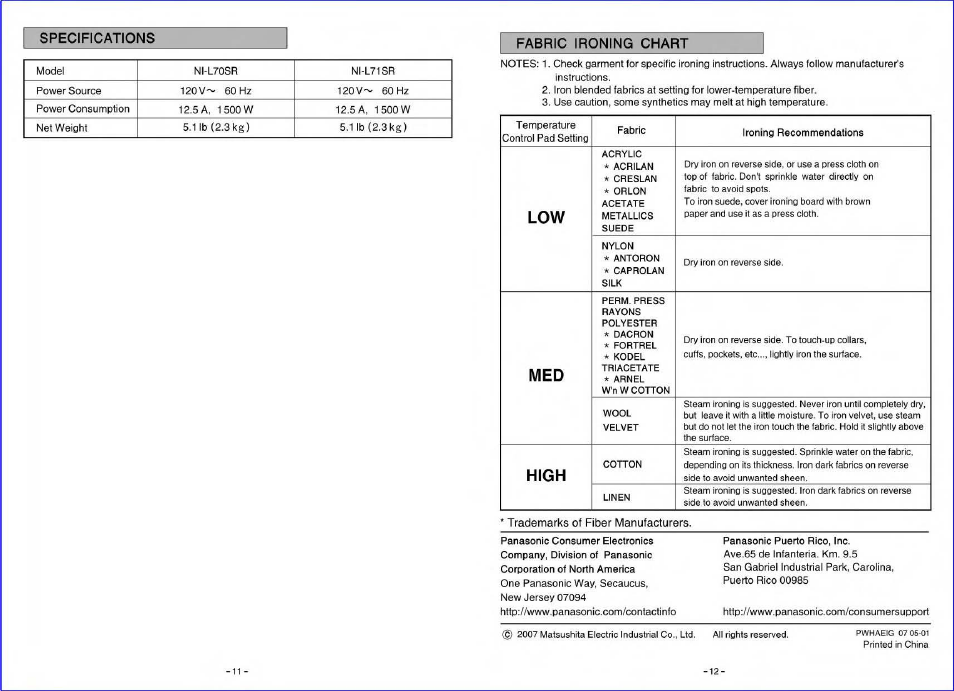 Specifications | Panasonic L71SR User Manual | Page 11 / 12