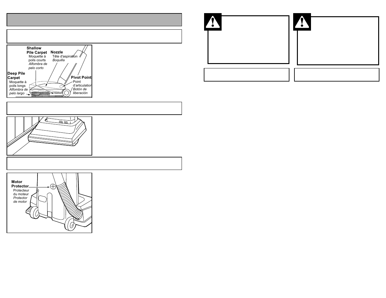 Features, Automatic self adjusting nozzle, Edge cleaning | Motor protector, Advertencia, Avertissement | Panasonic MC-V120 User Manual | Page 16 / 40